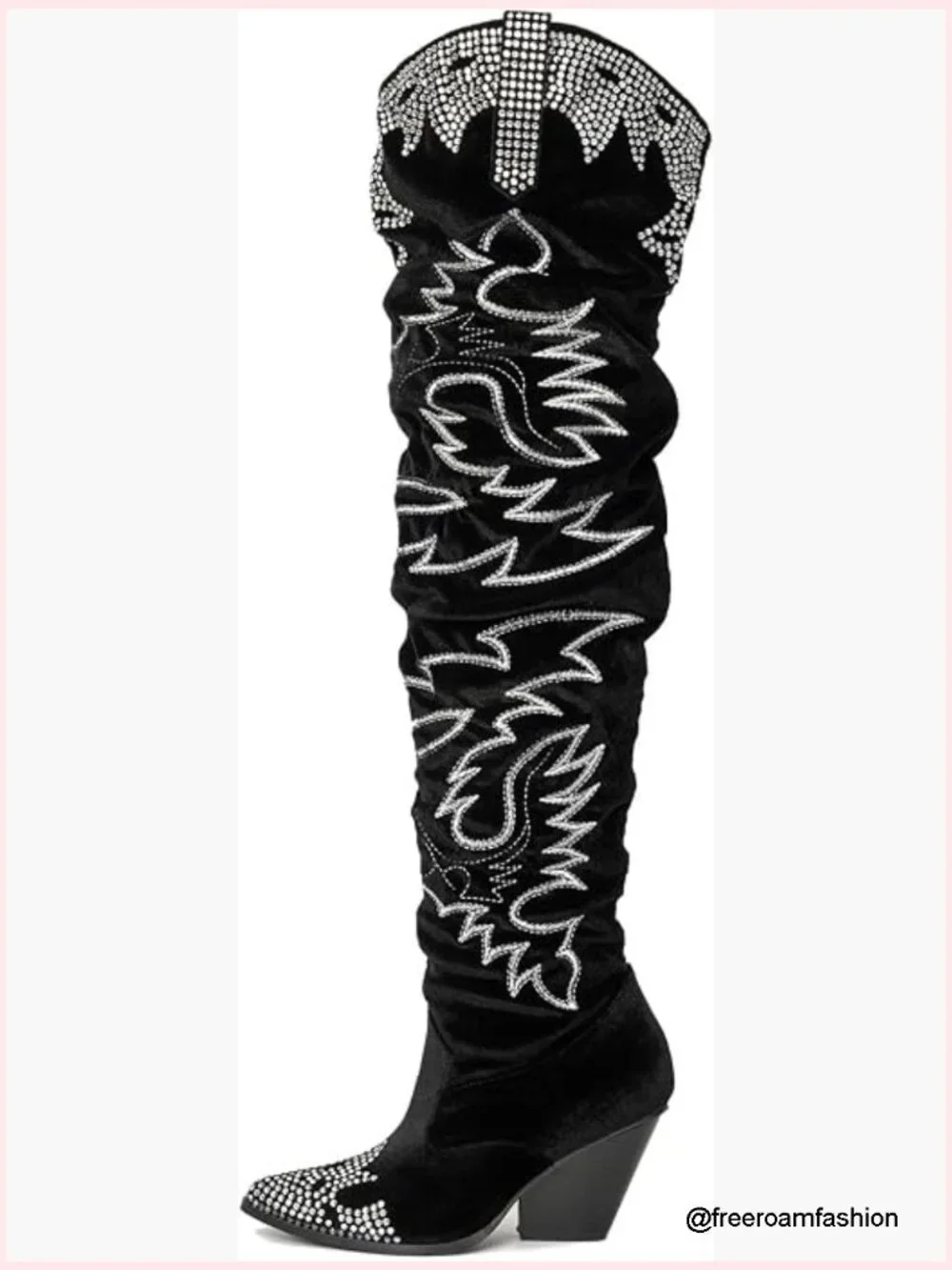 Rhinestone Embroidered Thigh High Cowgirl Boots Velvet Over the Knee Slouchy